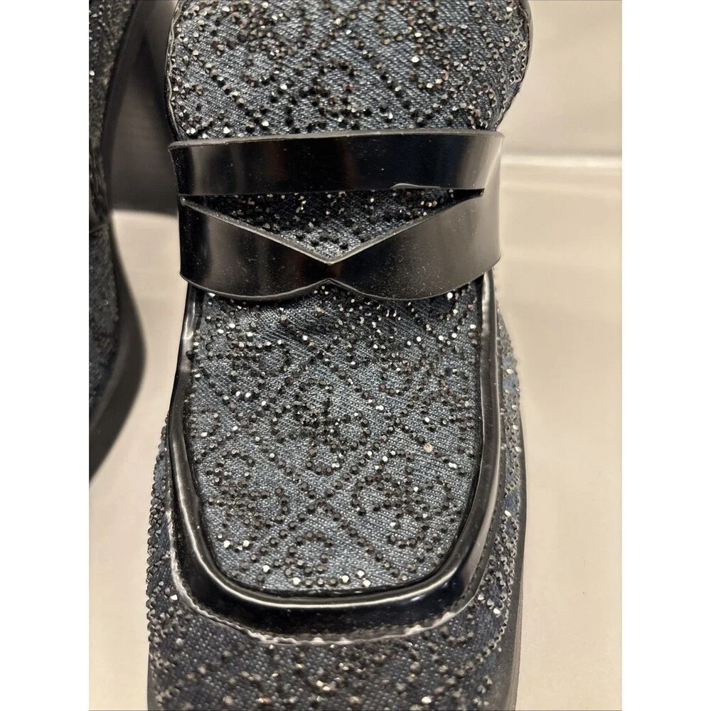 GUESS‎ Women’s Heeled Sparkly Chunky Loafer Size 9M Y2K Vibe EUC Black Glitter